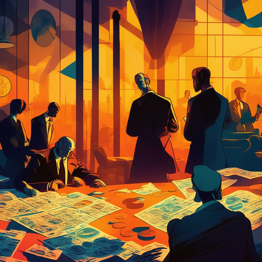 Intricate crypto exchange scene, evening light setting, Picasso-inspired artistic style, tense mood: Regulators examining documents to ensure compliance, multiple national flags showcasing scrutiny, Binance platform in background, investors anxiously observing, balanced mix of warm and cool color palette.