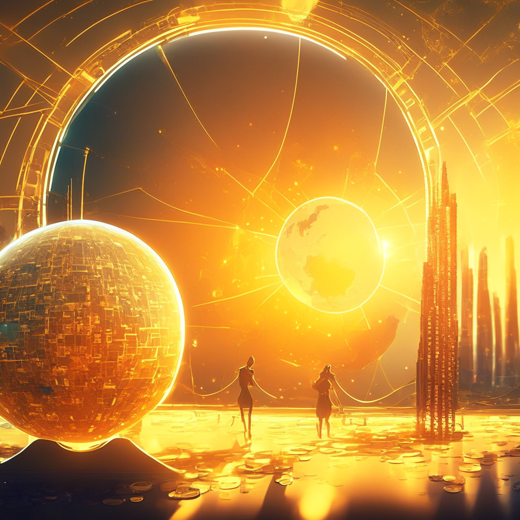 Futuristic crypto exchange scene, warm golden light, Terra Classic blockchain upgrade, developers building dApps, subtle globe in background, Cosmos chains interconnected, sense of anticipation, minor Chrome extension setback hovering nearby, vibrant trading activity, supportive exchange platforms, minor shadow of Google's presence, uplifting mood with a hint of patience required.