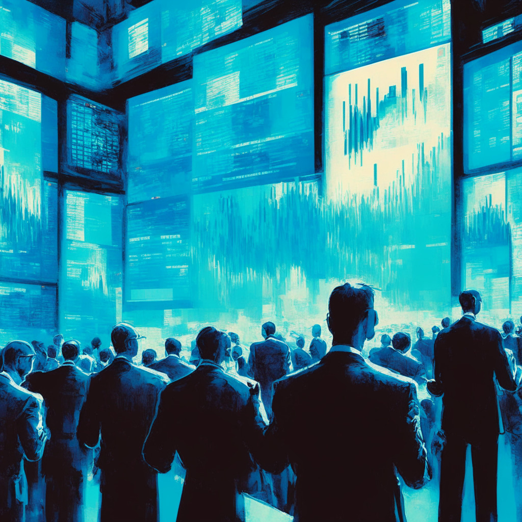 A vast, high-tech trading floor, bathed in cool, blue-white light radiating from giant, billboard-sized screens, displaying complex cryptocurrencies charts, diagrams and data. Groups of investors, painted in muted colors using an impressionist style, huddle in earnest discussion exuding a sense of optimism, confidence, and prudence. The scene evokes a mood of anticipation, strategy, and tempered excitement. In the background, a skyline view of futuristic infrastructures represents the new focus of interest, while slightly transparent, faded images of NFTs, gaming symbols and a metaverse portal symbolize fading sectors.
