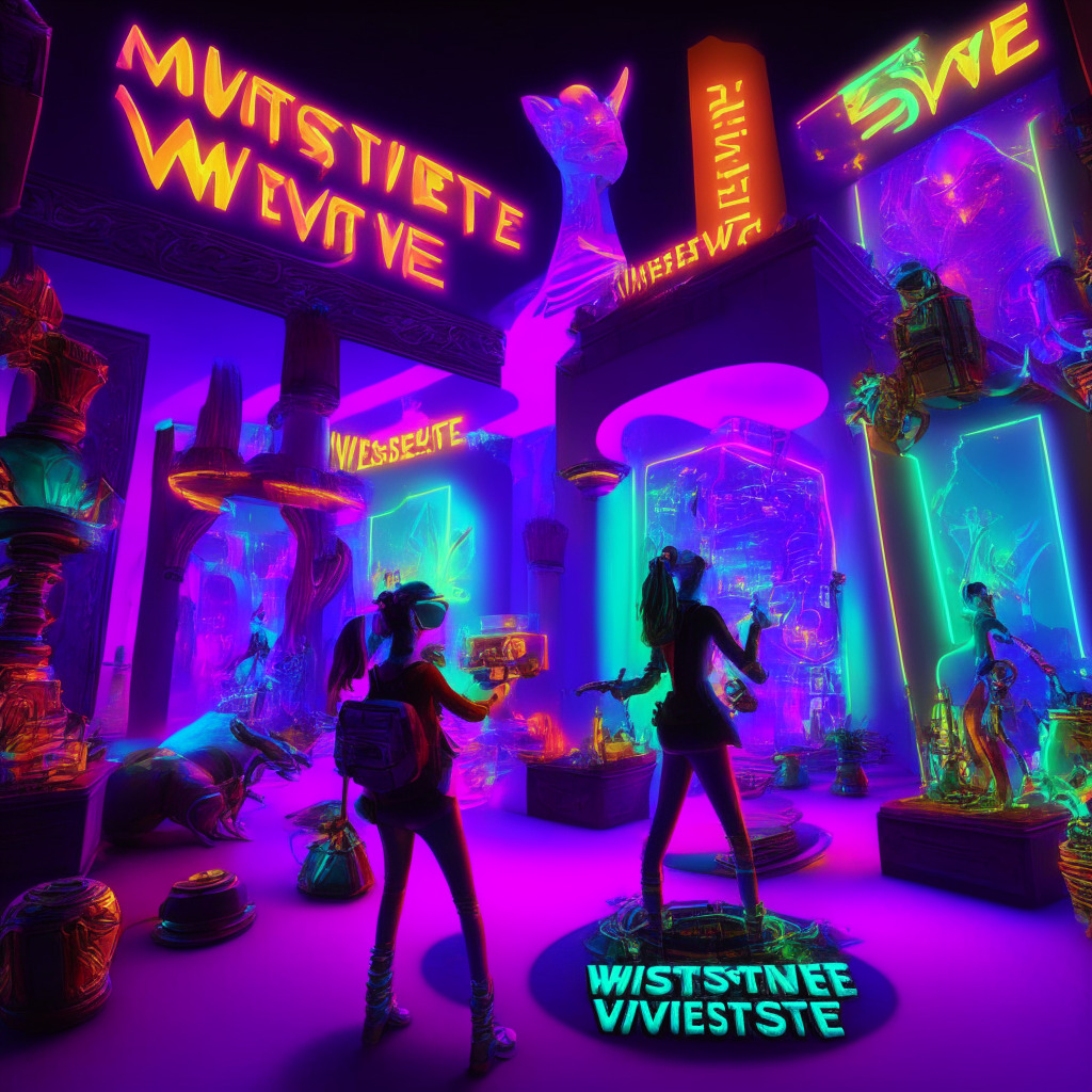 3D metaverse treasure hunt scene, with vibrant, futuristic neon lights, mysterious dimly-lit atmosphere, surrealistic art gallery, virtual concert area, and crypto educational zone. Featuring interactive avatars, holographic NFT collectibles and hidden clues, evoking excitement and curiosity amidst an undercurrent of uncertainty.