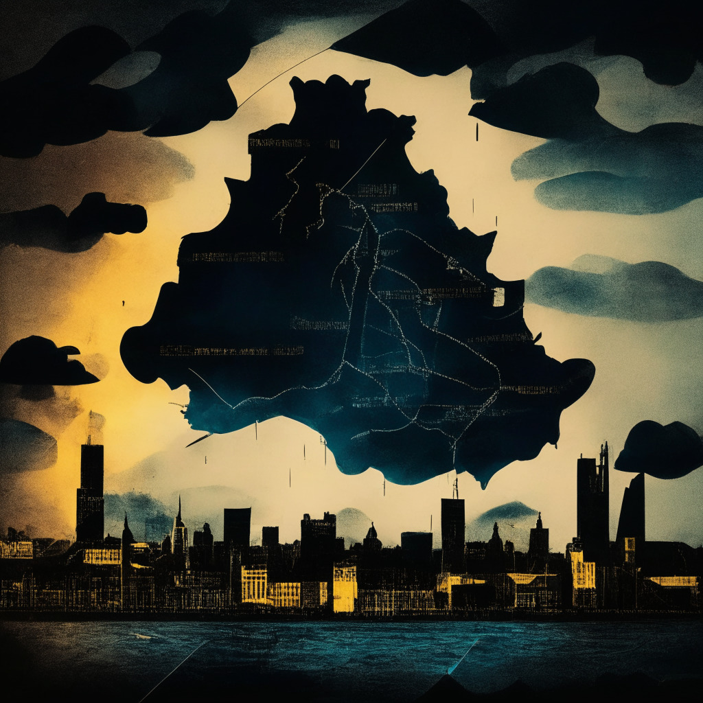 Gloomy storm clouds over an old map, illuminated by beams of light, London skyline silhouette, Binance UK subsidiary in the shadows, strings and pins connecting global challenges, stylized crypto coins, currency exchange, legal gavel depicting complex regulations, modernist style, somber color palette, sense of uncertainty.