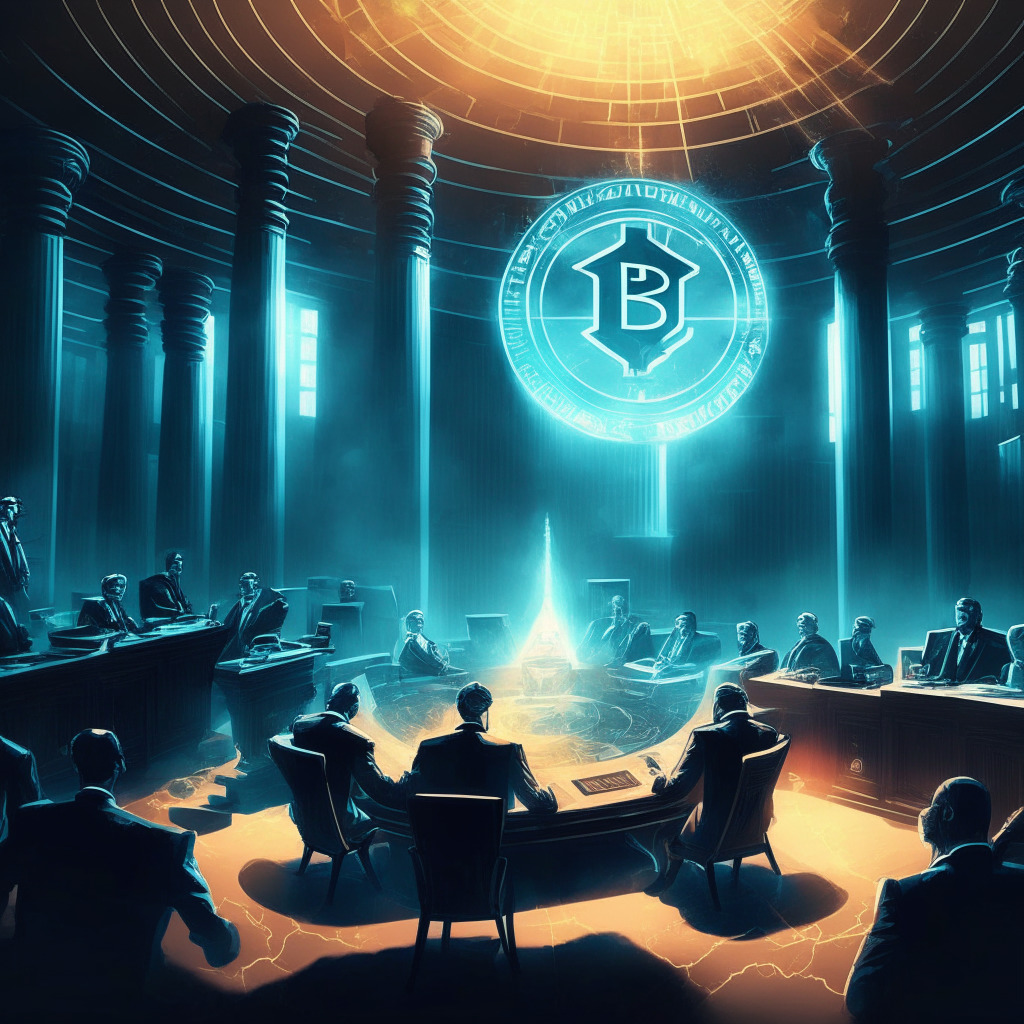 Cryptocurrency clash, legal team power play, moody courtroom battle, intricate blockchain backdrop, contrasting shadow and light, regulatory authority vs innovation, intense chiaroscuro effect, glowing verdict, future of crypto industry at stake, harmonizing investor interests & innovation growth.