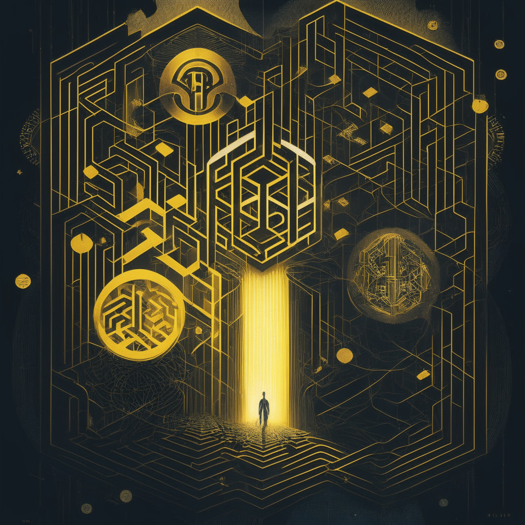 Intricate blockchain design, split of Binance and Binance.US, contrasting light and dark sides, somber mood, hint of uncertainty, rays of hope shining through evolving regulations, figures navigating a complex maze, balanced composition, harmonious color palette.