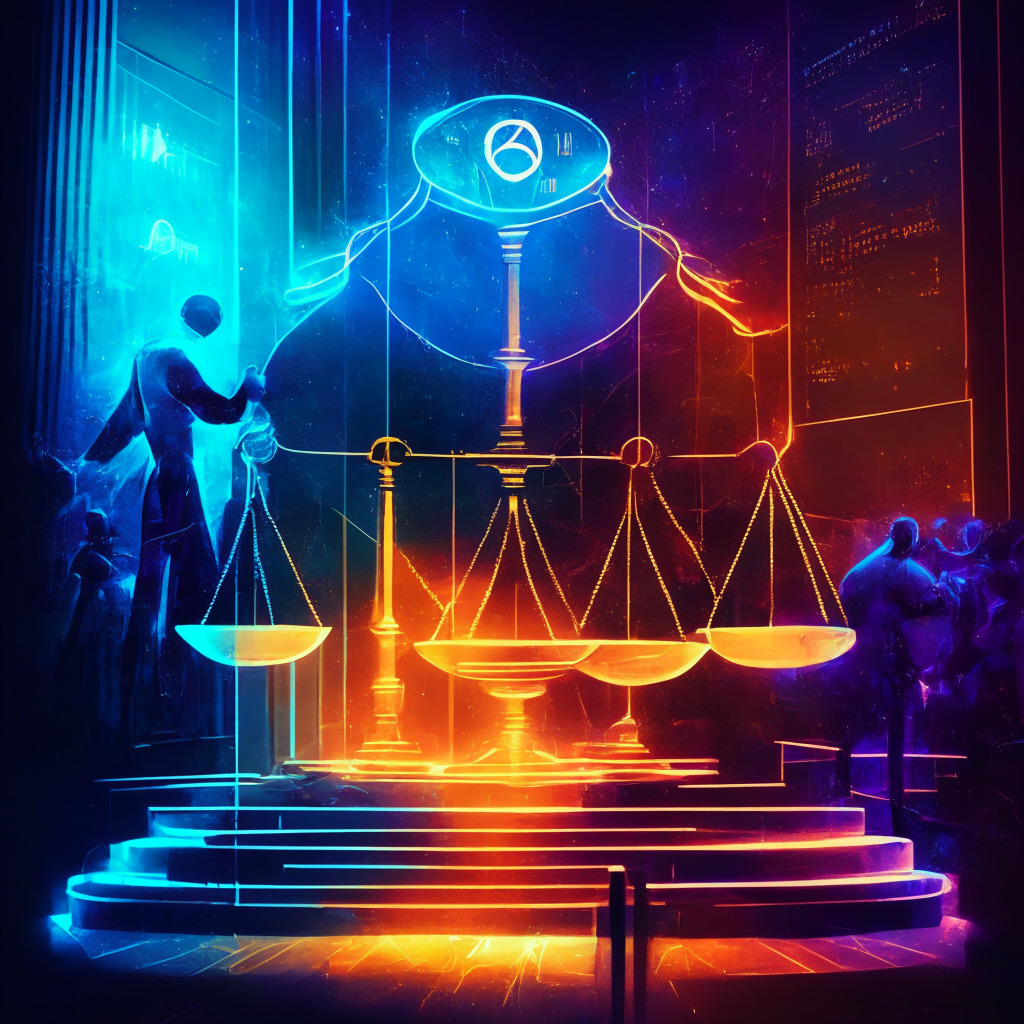 Crypto exchange agreement, vibrant courtroom, SEC officials & Binance employees negotiating, balance scale symbolizing compliance, Ethereum & Bitcoin graphs ascending, subtly glowing light illustrating recovery, abstract depiction of digital transformation, mood of cautious optimism, collaboration & growth.