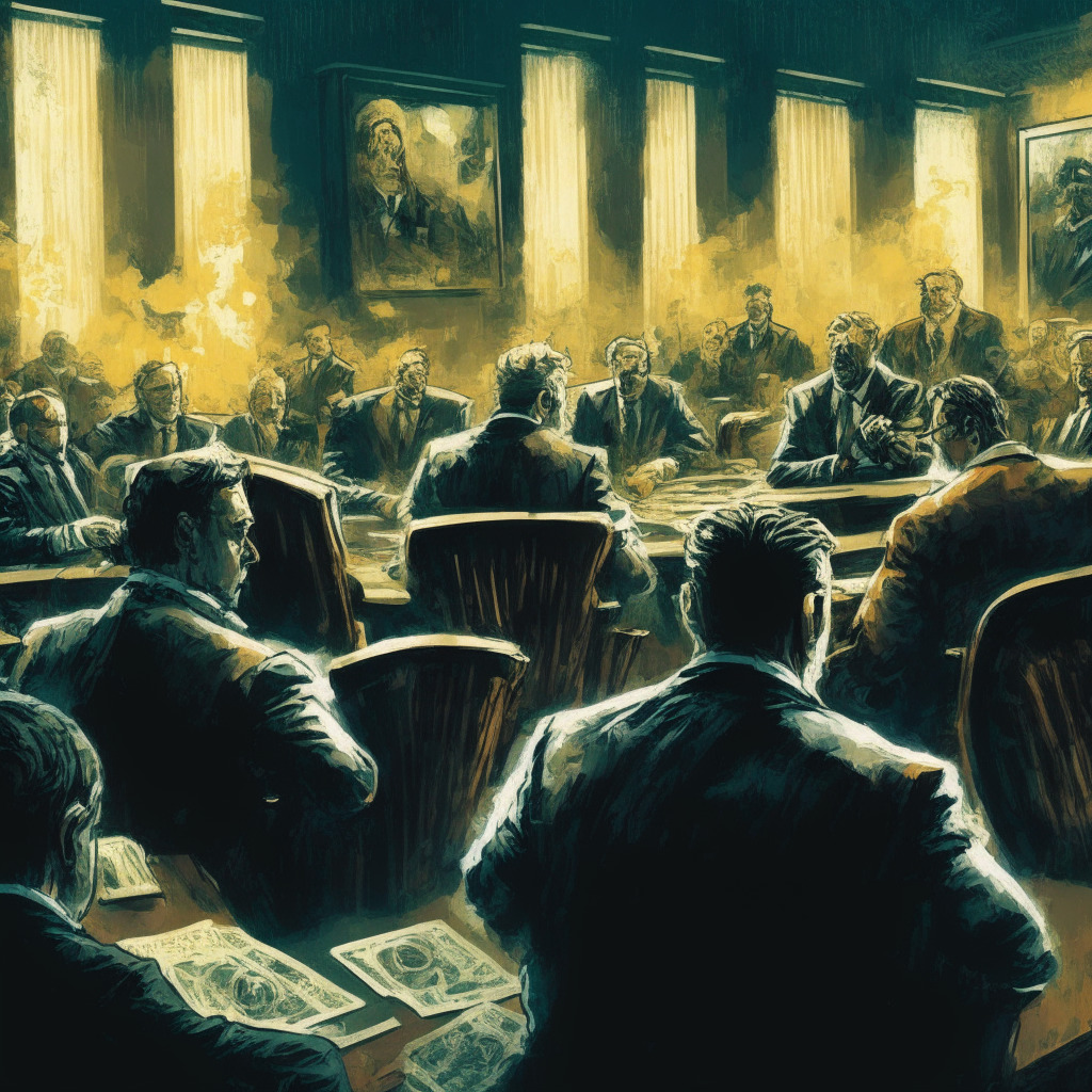 Cryptocurrency clash, legal battles, Binance, Coinbase, SEC lawsuits, contrasting allegations, registration violations, fraud, market manipulation, CEO defendants, security debate, digital assets classification, regulatory evolution, compliance importance, ongoing industry discussions, remote courtroom setting, Van Gogh-esque artistic style, tense mood, soft chiaroscuro lighting.