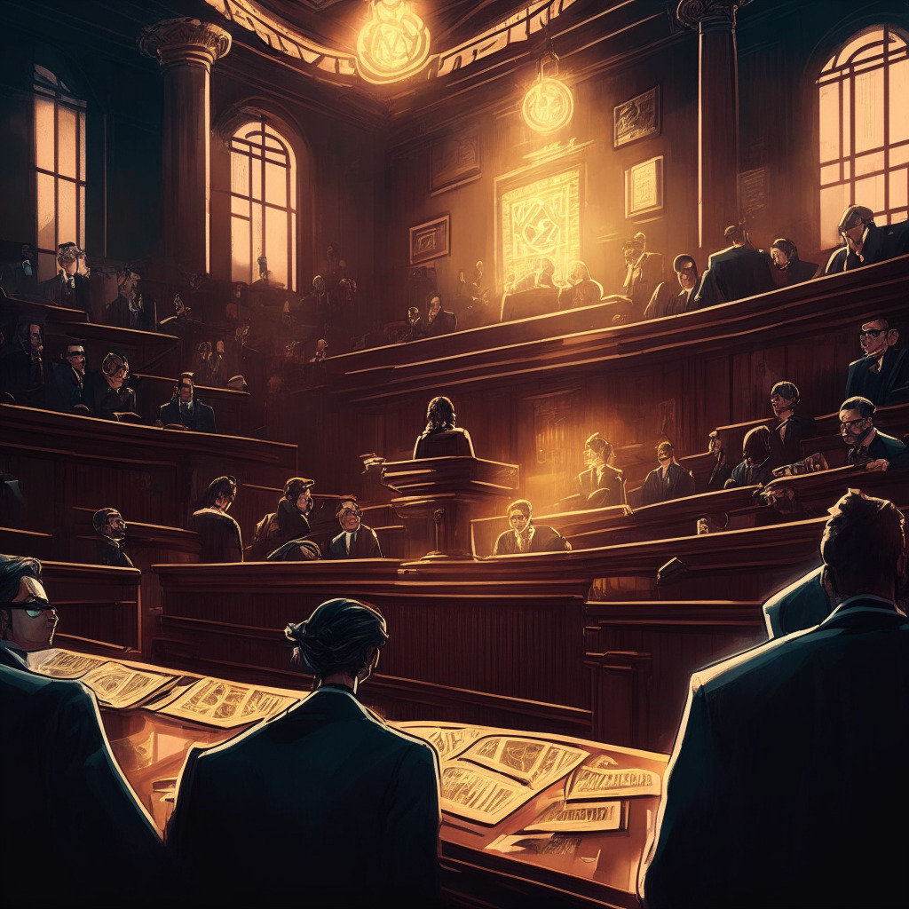 Cryptocurrency courtroom drama, contrasting ethical practices, Binance standing strong with transparency, FTX under fire for misuse, lively art style, twilight courtroom steps, tense and serious mood, financial world blended with legal nuances, thought-provoking and educational undertones.