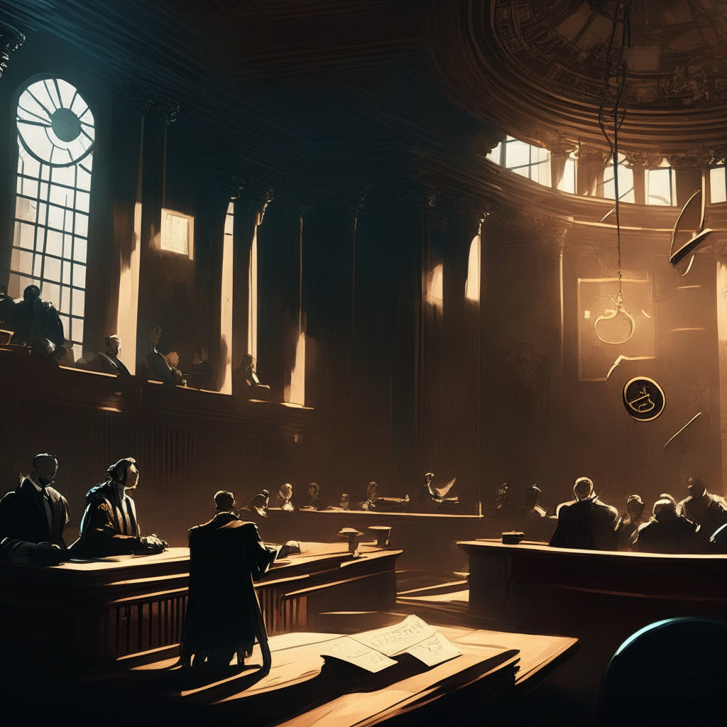 Cryptocurrency exchange legal battle, classical courtroom scene, Binance CEO and SEC facing each other, dimly lit chamber, contrasting shadows, Baroque chiaroscuro effect, tense atmosphere, legal documents unfolded, gavel at the forefront, question marks in the air, balancing scales with crypto coins and regulatory documents, mood of uncertainty.