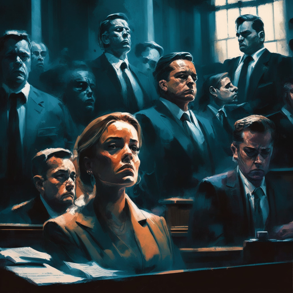 Intricate courtroom scene, legal imagery, SEC and cryptocurrency exchange representatives, balanced scales of justice, subtle chiaroscuro lighting, tense mood, vibrant color palette, a touch of defiance in brushstroke style, expressive faces showcasing determination, cloud of uncertainty in background.