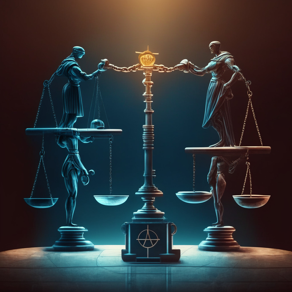 Gavel & crypto symbols on a seesaw, two figures shaking hands in background, chiaroscuro lighting, futuristic courtroom, tense and complex mood. Depicting balance between innovation & regulation, intense negotiation, collaborative resolution, and industry sustainability. (348 characters)