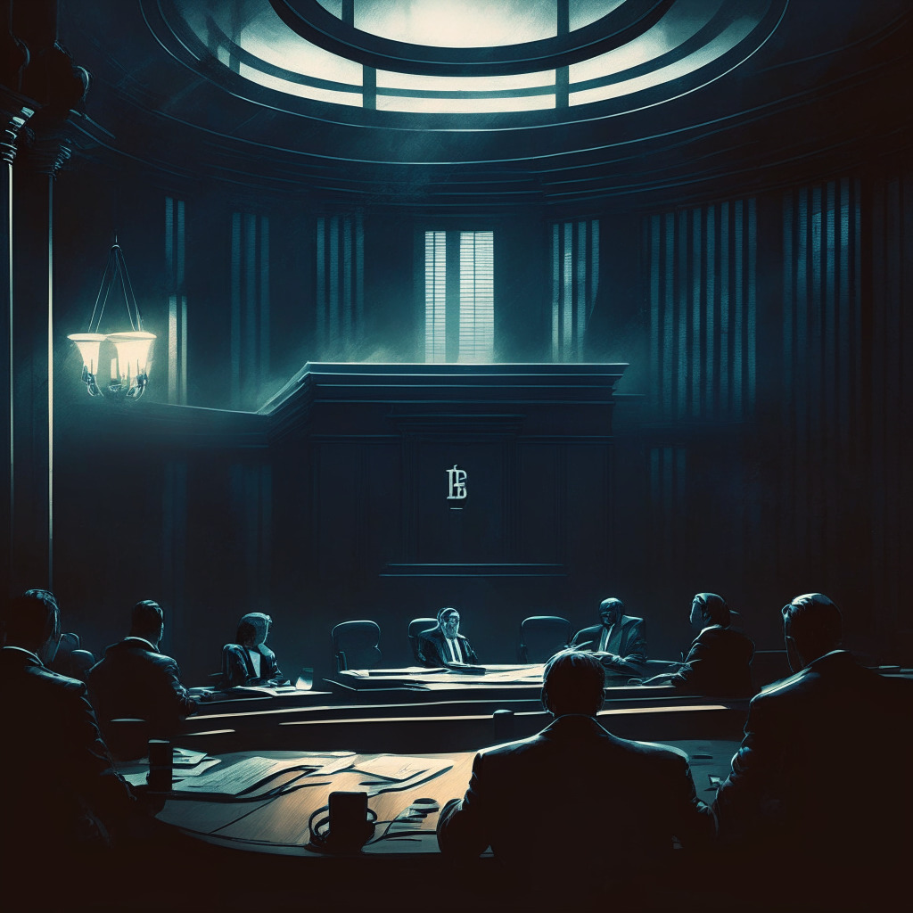 Cryptocurrency exchange settlement, SEC & judicial figures discussing, dimly lit courtroom, chiaroscuro effect, mediation hearing in progress, balance between regulation & innovation, air of compromise, hopeful yet cautious atmosphere, potential future collaboration in crypto industry.