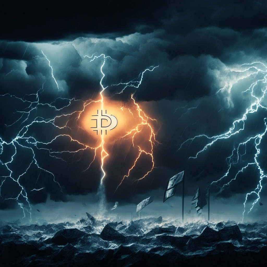 Cryptocurrency world conflict scene, SEC vs. Crypto Exchange, stormy skies, legal scales off balance, imposing regulatory shadows, tense atmosphere, electric sparks illustrating financial friction, digital currencies and regulations entwined, future of finance at stake, chiaroscuro light setting, mood of uncertainty.