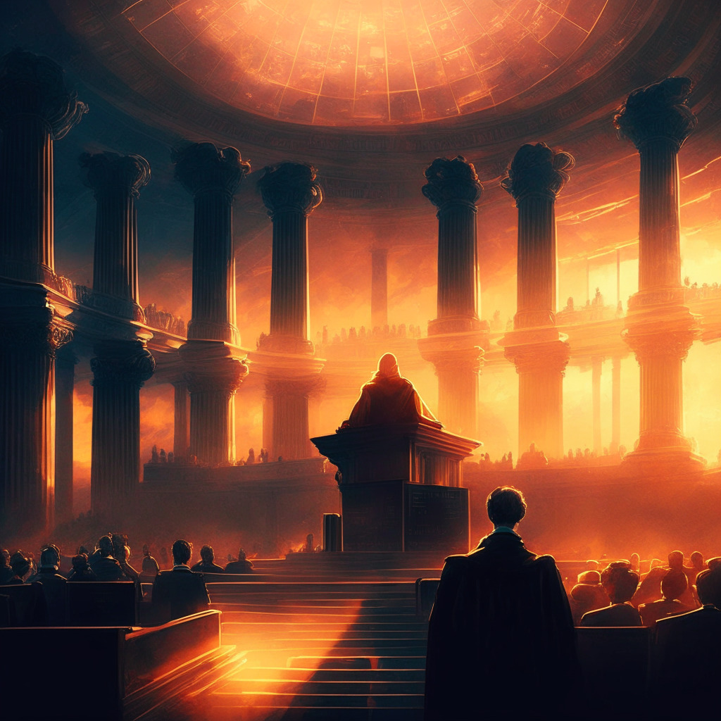 Intricate blockchain courtroom, judge & SEC on one side, Binance & Ripple on the other, coliseum-like audience, Cardano founder in the background, scales of justice tipping towards Binance, soothing sunset glow, baroque styling, tense yet hopeful atmosphere, a united crypto community.