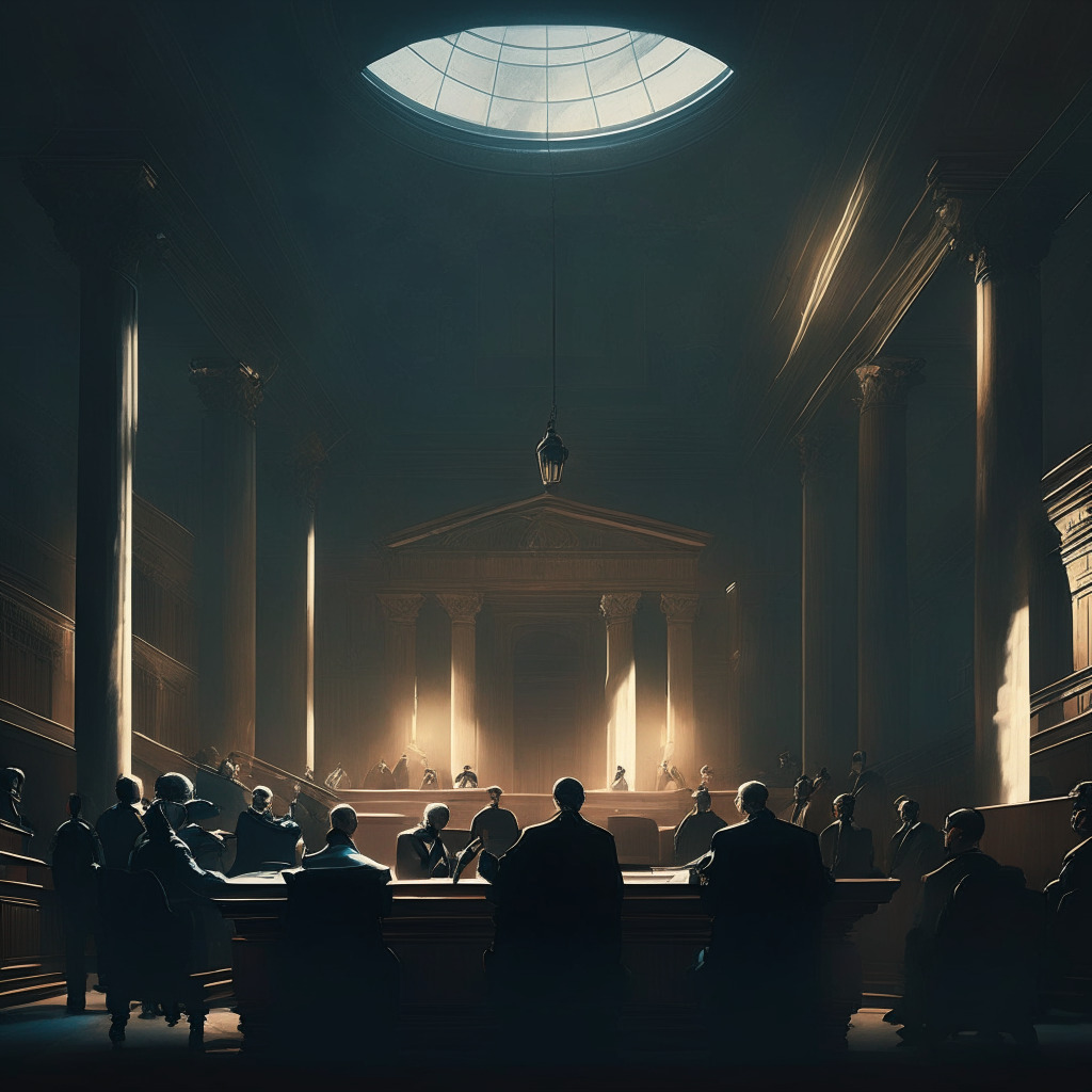 Intricate courtroom scene, diverse group of legal professionals, futuristic crypto tokens hovering, neoclassical architecture, dimly lit setting, chiaroscuro effect, underlying tension, both determination and uncertainty in expressions, subtle juxtaposition of innovation and regulation.