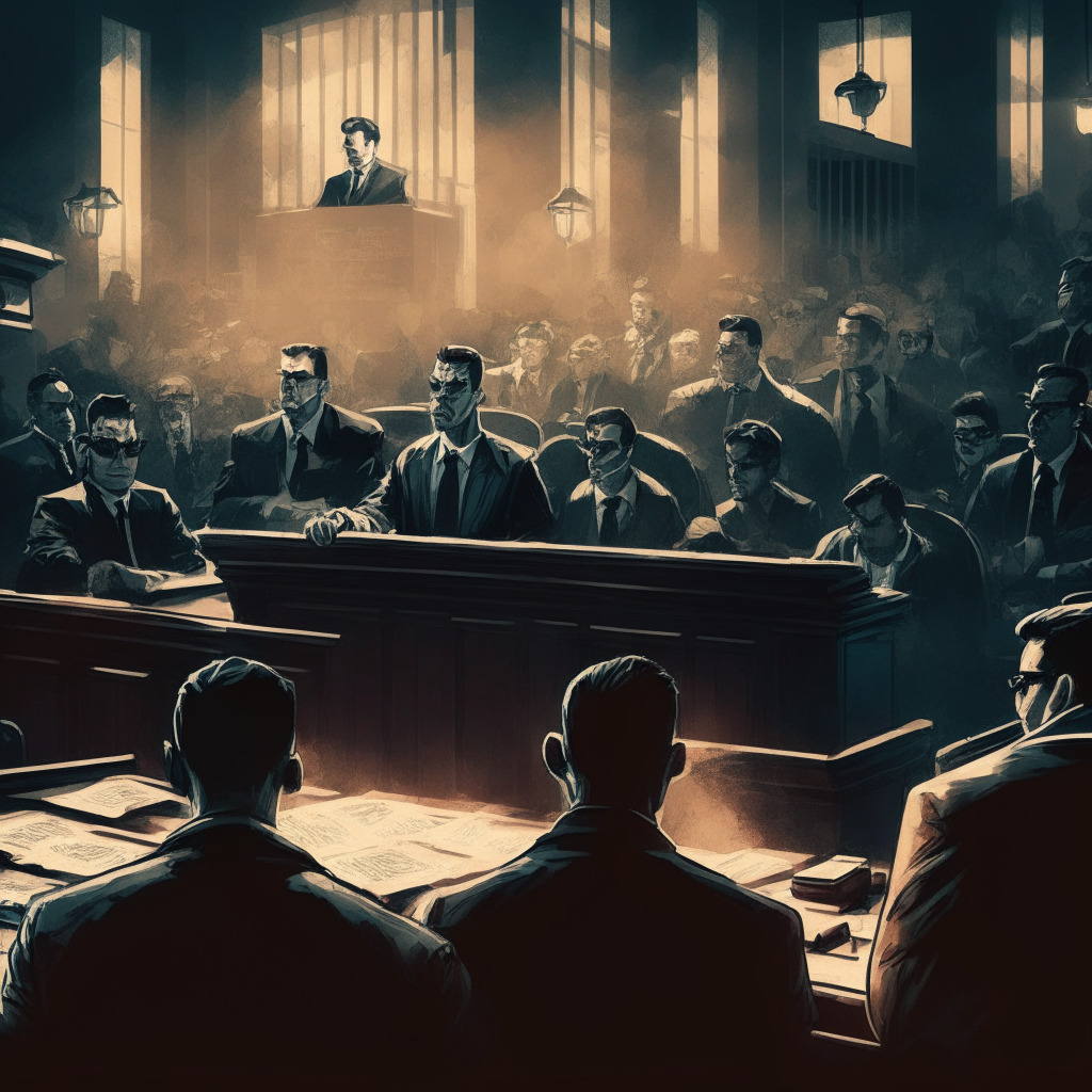 Intense courtroom scene with crypto vs. regulation theme, dramatic chiaroscuro lighting, Binance CEO & SEC at opposing tables, legal teams comprising former SEC members, crypto community figures united, display of digital assets in background, serious and suspenseful atmosphere.