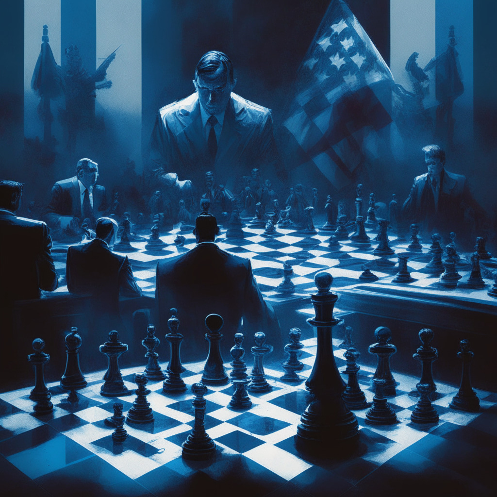 Crypto courtroom drama, former SEC official aiding Binance.US, intense legal battle, chiaroscuro lighting, tense atmosphere, regulations and uncertainty looming, American flag subtly in background, chess pieces representing strategic moves, shadowy figures of industry leaders, blend of realism and abstraction, blue and gray color palette.