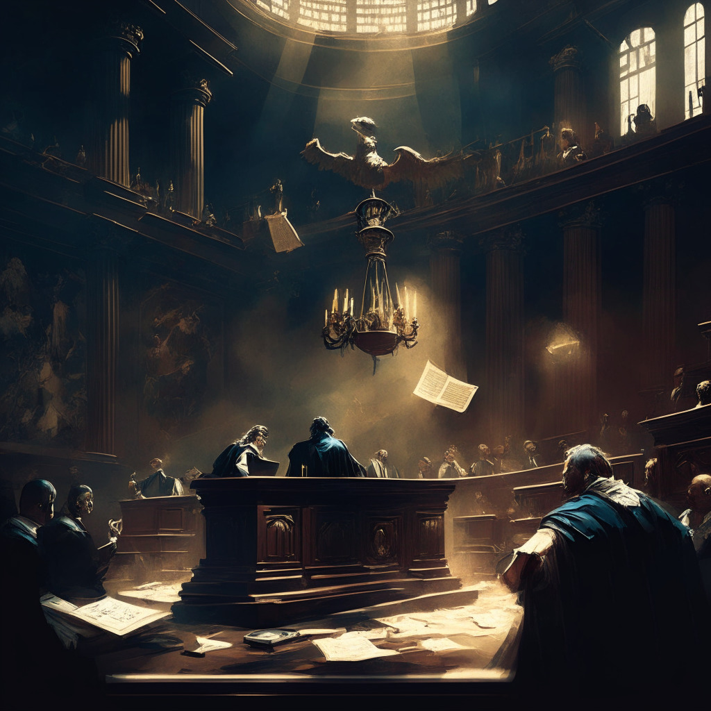 Intricate courtroom scene, judge with gavel, Binance.US and SEC representatives debating, digital and legal documents scattered, a large crypto coin, the scales of justice tipping unevenly, dramatic chiaroscuro lighting, Baroque-inspired composition, tense and apprehensive atmosphere.