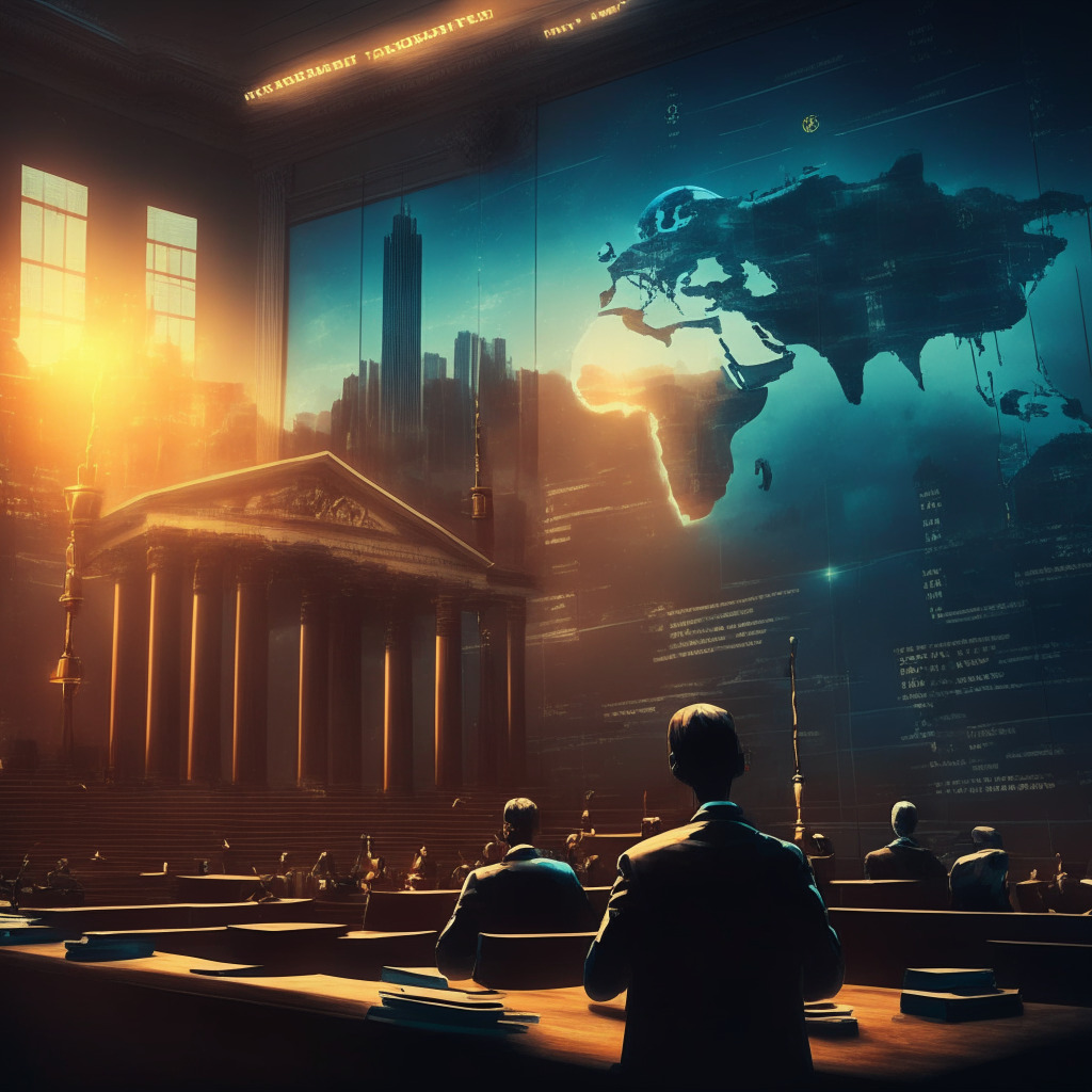 Artistic style: photorealistic, Light setting: evening skyline, Descriptive terms: tense, dramatic, Mood: apprehensive, Scene: a courtroom with a gavel coming down, Binance and SEC text floating above a digital world map, crypto coins and traders watching anxiously in the background.