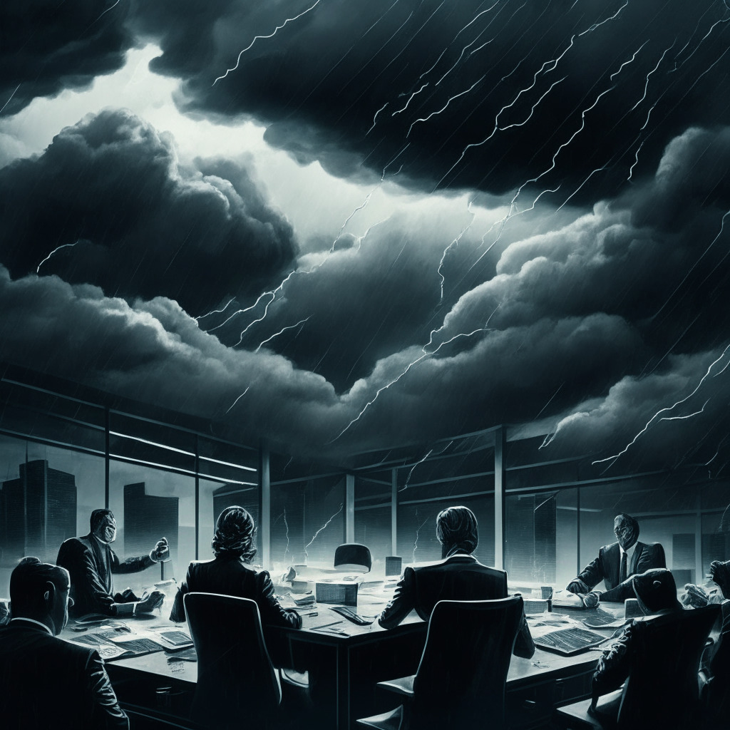Cryptocurrency exchange under pressure, stormy legal landscape, contrasting moods of caution and overreach, a tense boardroom discussion, downsized workforce, scale of justice tilting, hints of political motivation, balance between compliance and innovation, dark clouds looming over a digital landscape, nuanced shades of gray.