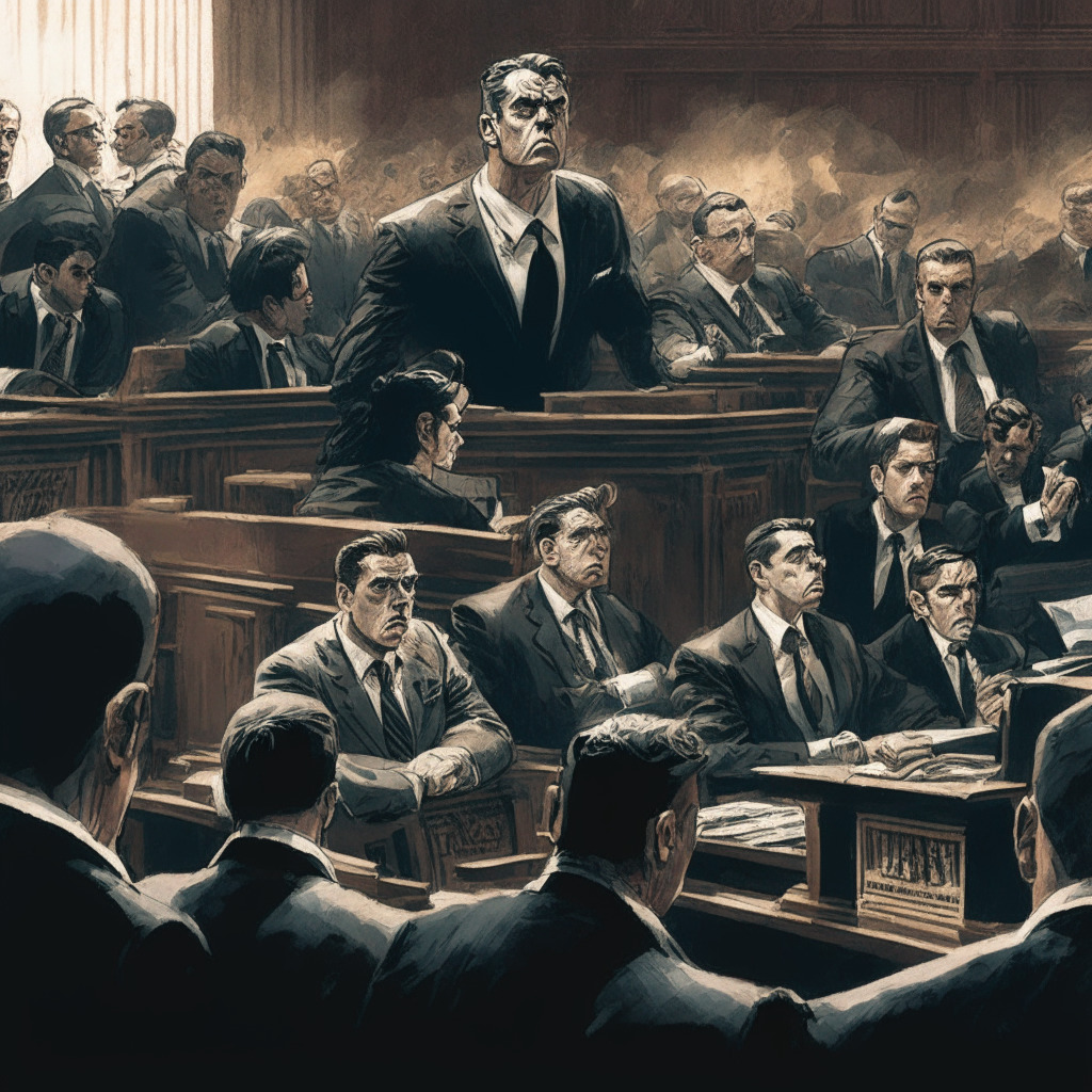 Intricate courtroom battle scene, George Canellos leading Binance.US defense team, intense expressions on lawyers' faces, dramatic chiaroscuro lighting, engraved SEC emblem looming in background, tension-filled atmosphere, hesitant investors observing the legal drama unfold, hint of modernist style.