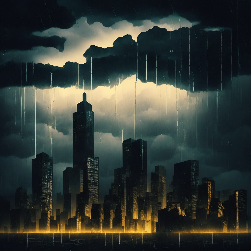 Intricate city skyline with crypto exchanges, declining Binance.US market share represented by a shrinking building, dark storm clouds & lightning symbolizing regulatory scrutiny, a somber color palette reflecting mood, Translucent silhouettes of dollar and stablecoin signs shifting, hazy sunlight peaking through clouds indicating hopeful prospects.