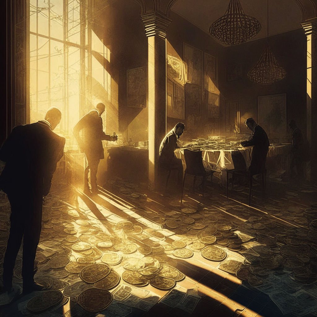 Intricate crypto exchange scene, contrasting light & shadows, Binance.US resolving dollar withdrawal issues, banking partners' uncertainty, artistic tension, withdrawal & deposit actions, fleeting relief mood, evolving regulatory landscapes, quest for crypto and traditional finance synergy.