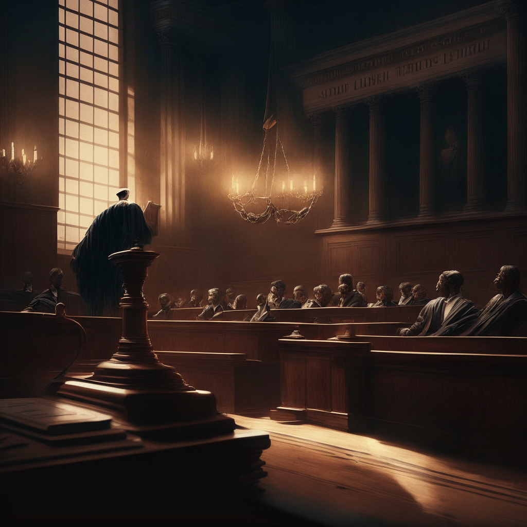 Intricate courtroom scene, gavel, Binance.US & SEC representatives, scale balancing innovation & oversight, soft evening light, chiaroscuro style, tense yet contemplative mood, no brands/logos, 350 characters.