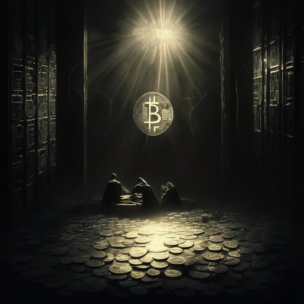 Intricate crypto exchange scene, SEC enforcement action, dark yet hopeful atmosphere, contrasting light and shadow, tension between innovation and regulation, hints of resilience in BNB coin, delicate balance, seeking common ground, growth and protection merge, no logos or brands.