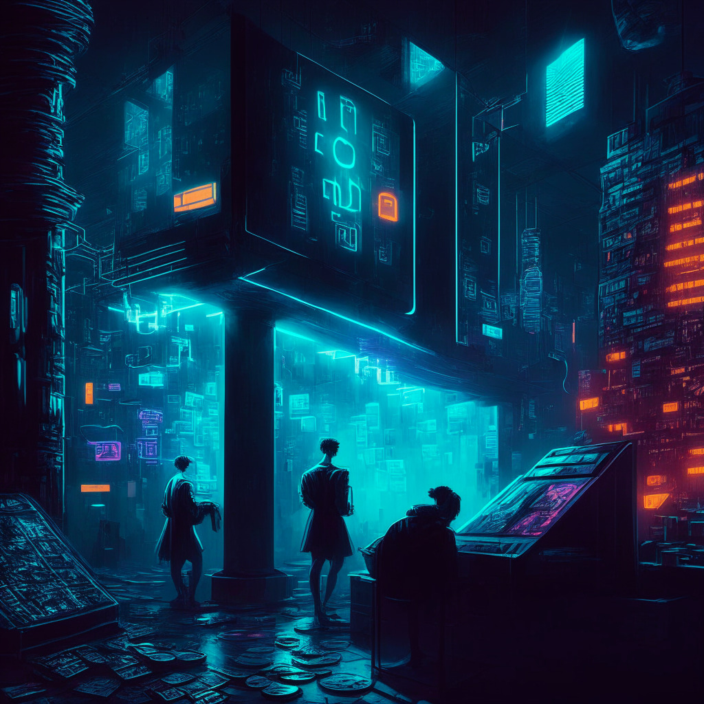 Crypto exchange in spotlight, regulators and innovators at odds, dark moody atmosphere, futuristic cityscape, legal scales and blockchain intertwining, coins as currency fading, carefully crafted neon lights, contrast of shadow and illumination, hints of artistic cubist elements, a balance between chaos and order.