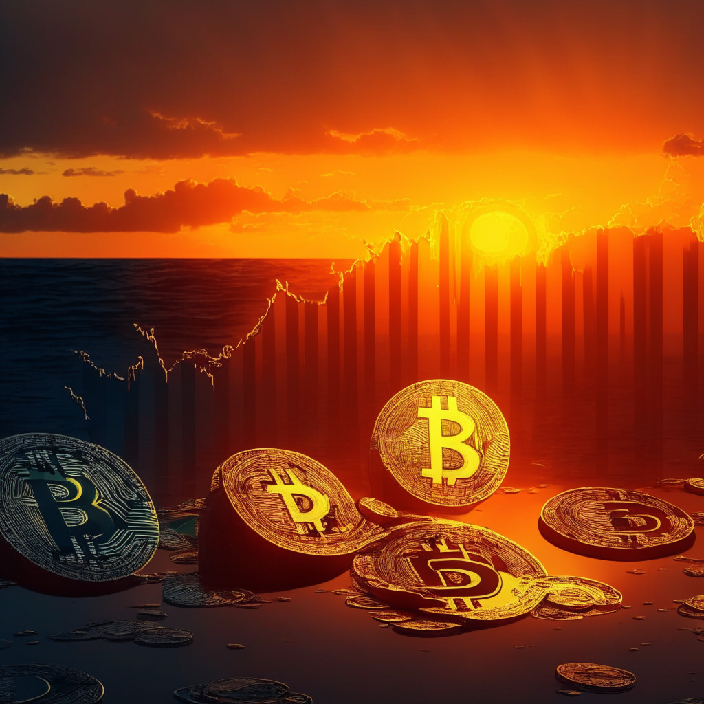 Crypto exchange under pressure, suspended dollar deposits, SEC scrutiny, transition to crypto-only platform, users withdraw USD by June 13, 2023, delisting USD trading pairs, stablecoin support, uncertain future for fiat services, debate on regulation vs. innovation, sunset atmosphere, contrasting shadows, somber yet hopeful mood.