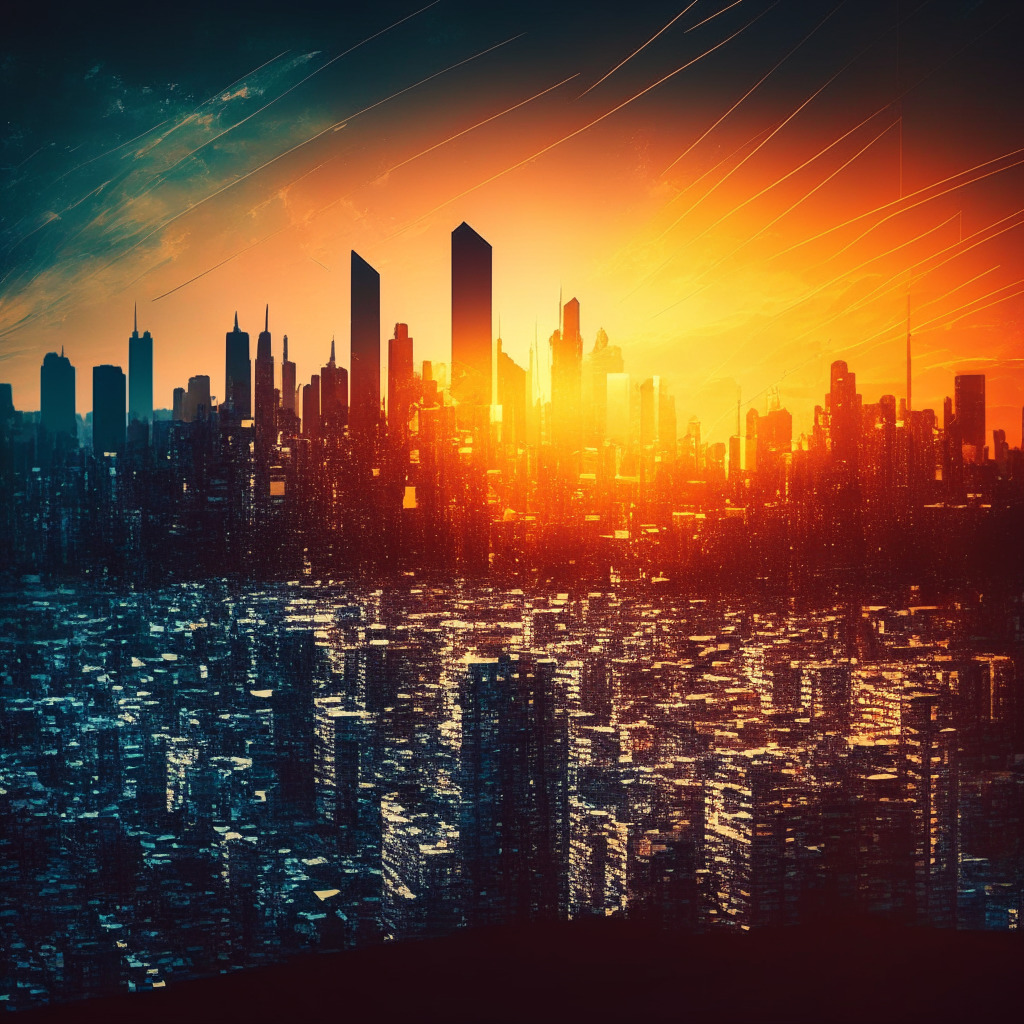Crypto exchange in transition, sunset over a city skyline, abstract regulatory web, tense atmosphere, chiaroscuro lighting, currency contrast. Mood: uncertain future, raising intrigue, compliance struggles, navigating a complex market, challenging authority, potential disruption.