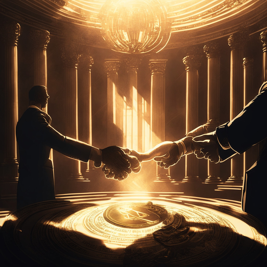 Cryptocurrency exchange handshake with SEC, golden scales symbolizing transparency, sunlight streaming through a classic courthouse, intense chiaroscuro lighting, composed in Baroque style, contrasting highlights and shadows, anxious traders peering on, mood of cautious optimism, tension of regulatory oversight, coins and documents flying around. (344 characters)