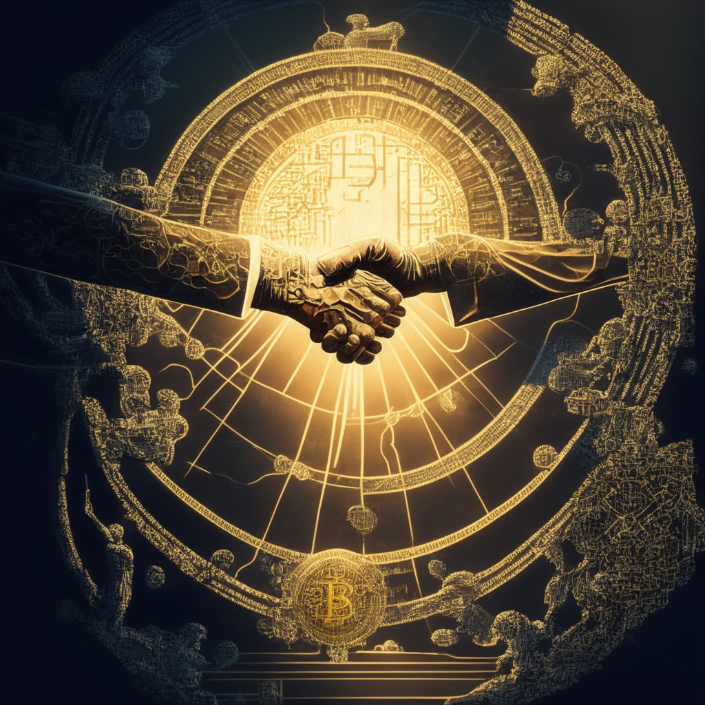 Intricate blockchain design, SEC & exchange handshake, sunlight casting parallel shadows, Baroque painting style, chiaroscuro lighting, mood of compromise & cooperation, scales of justice balancing innovation & investor protection, potential ripple effects, harmonious regulatory coexistence.