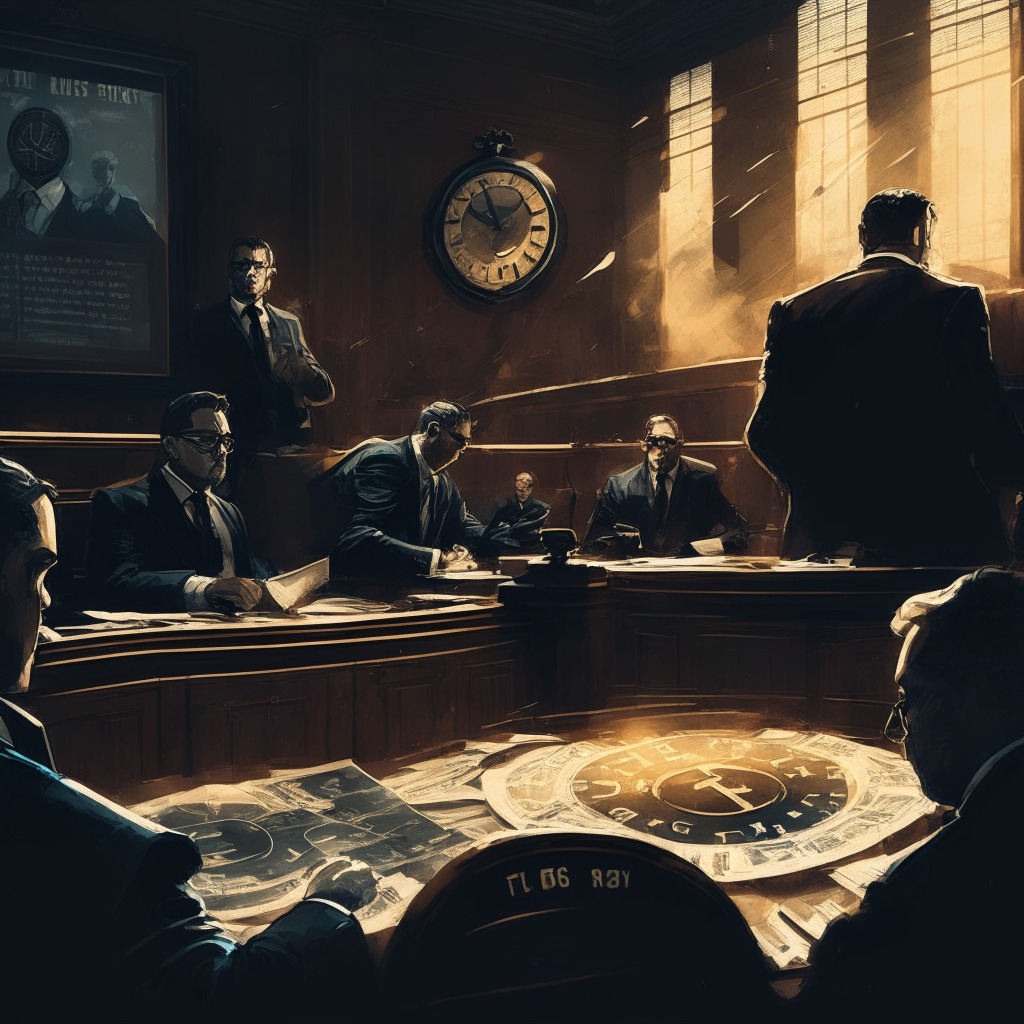 Cryptocurrency exchange negotiation, detailed courtroom scene, evening, chiaroscuro lighting, tense atmosphere, dramatic contrasts, US District Judge, Binance.US CEO, SEC representatives, time pressure, documents scattered, clock showing ticking deadline, mix of modern and traditional artistic styles, sense of urgency and uncertainty.