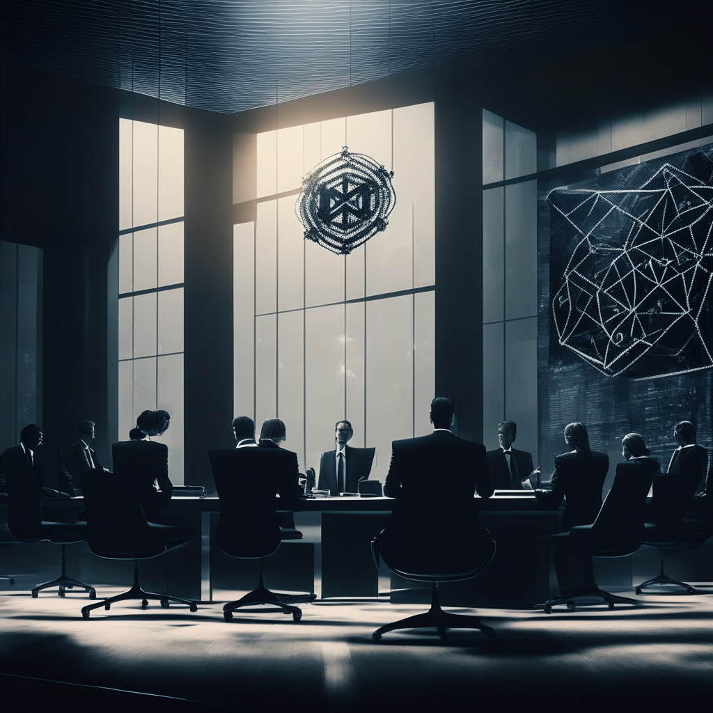 Intricate blockchain design, legal documents, modern office setting, low-key lighting, chiaroscuro effect, subtle contrast, somber yet hopeful mood, US and SEC symbols, harmonious composition, thoughtful characters, negotiating scene, delicate balance of power and trust, uncluttered background, no brands or logos.
