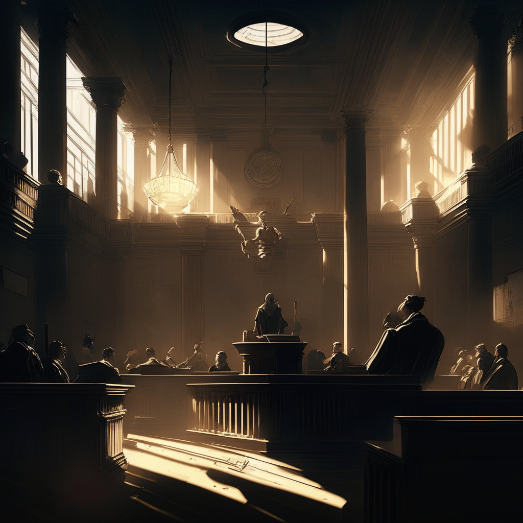 Intricate courtroom scene, contrasting light and shadows, authoritative judge figure, tense mood, cryptocurrency exchange representatives with determined expressions, SEC officials, complex legal documents scattered, neoclassical architectural elements, low-key lighting, subtle hints of a digital currency backdrop.