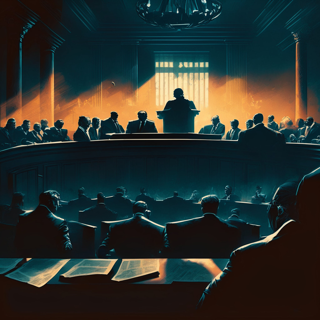 Intricate courtroom scene, intense legal battle, vivid colors with chiaroscuro lighting, tense mood, heavy contrast between light and dark, individuals representing crypto industry and regulators, shadow of scales of justice looming over the scene, sense of uncertainty and high stakes, no brand names.