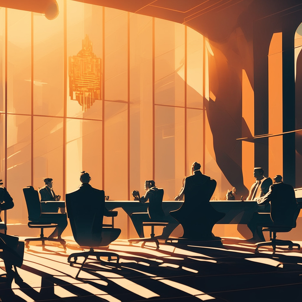 Cryptocurrency exchange negotiation scene, legal teams conversing in a futuristic courtroom, intense mood, contrasting shadows in a warm color palette, soft evening light filtering in through windows, hints of skepticism and tension in their expressions, background visuals representing innovation and regulation, artistic portrayal of blockchain technology.