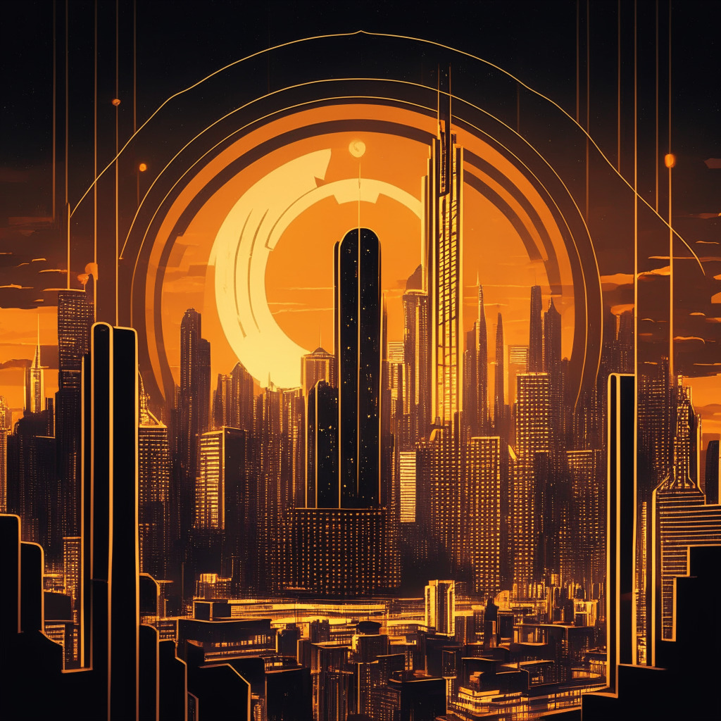 Cryptocurrency exchange negotiation with SEC, dusk skyline over city, scales of justice balancing customer protection, intricate Art Deco style, golden glow, hopeful yet cautious atmosphere, digital assets, no brand.