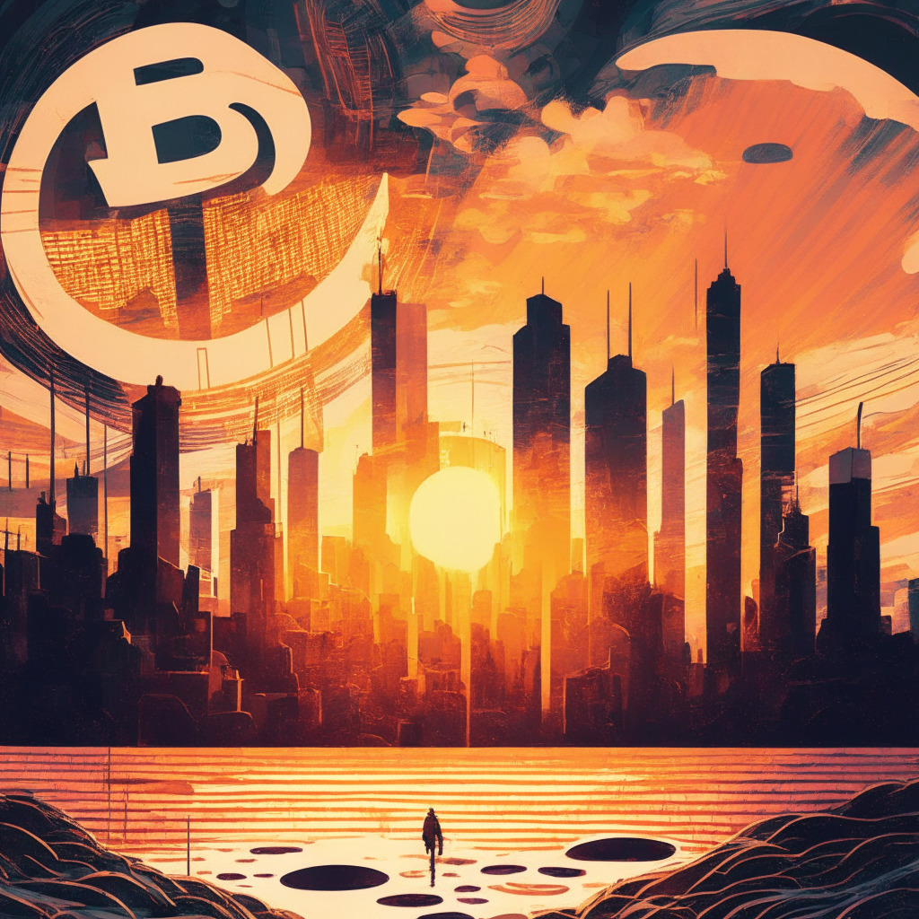Intricate crypto exchange scene, sunset skyline, expressionistic style, muted colors, tension, uncertainty. Main focus: SEC lawsuit impact, swirling patterns of departing funds, diverse investor concerns, contrasting light and shadows, cautiously hopeful Crypto market future. Max 350 characters.