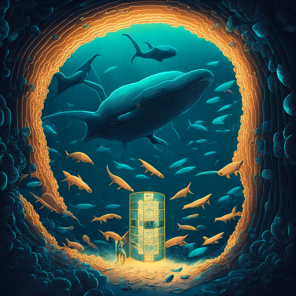 Intricate crypto exchange scene, bold artistic style, soft warm lighting, secure vault containing massive BTC piles, whales swimming nearby, cybersecurity shield, safety vs volatility balance, cautiously optimistic mood, data visualizations of market impact.
