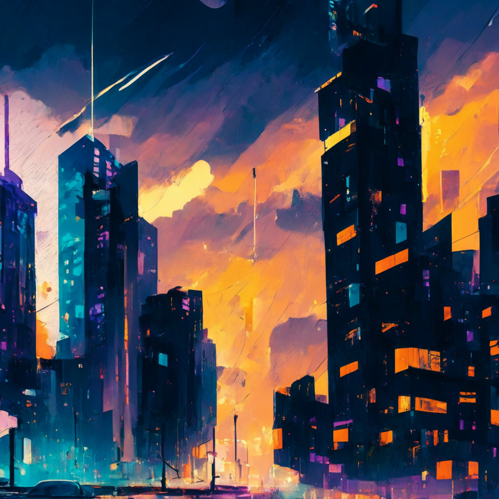 Intricate cityscape at dusk, crypto-themed elements, vibrant colors, abstract but distinct buildings, stormy sky above reflecting the tension, characters display conflicting emotions, soft impressionist style, ambient streetlights capture the mood of the article: Binance's billion-dollar transactions, financial misconduct vs. BUSD conversion debate.