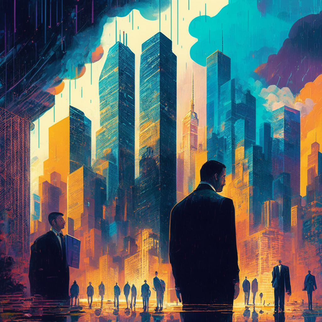 Intricate cityscape filled with skyscrapers, vibrant colors representing global markets, a large crypto coin as a central element, diverse office workers in the foreground with mixed emotions, subtle references to a stormy backdrop, warm lighting reflecting a hopeful future, and an overall mood of transformation, resilience, and adaptability.
