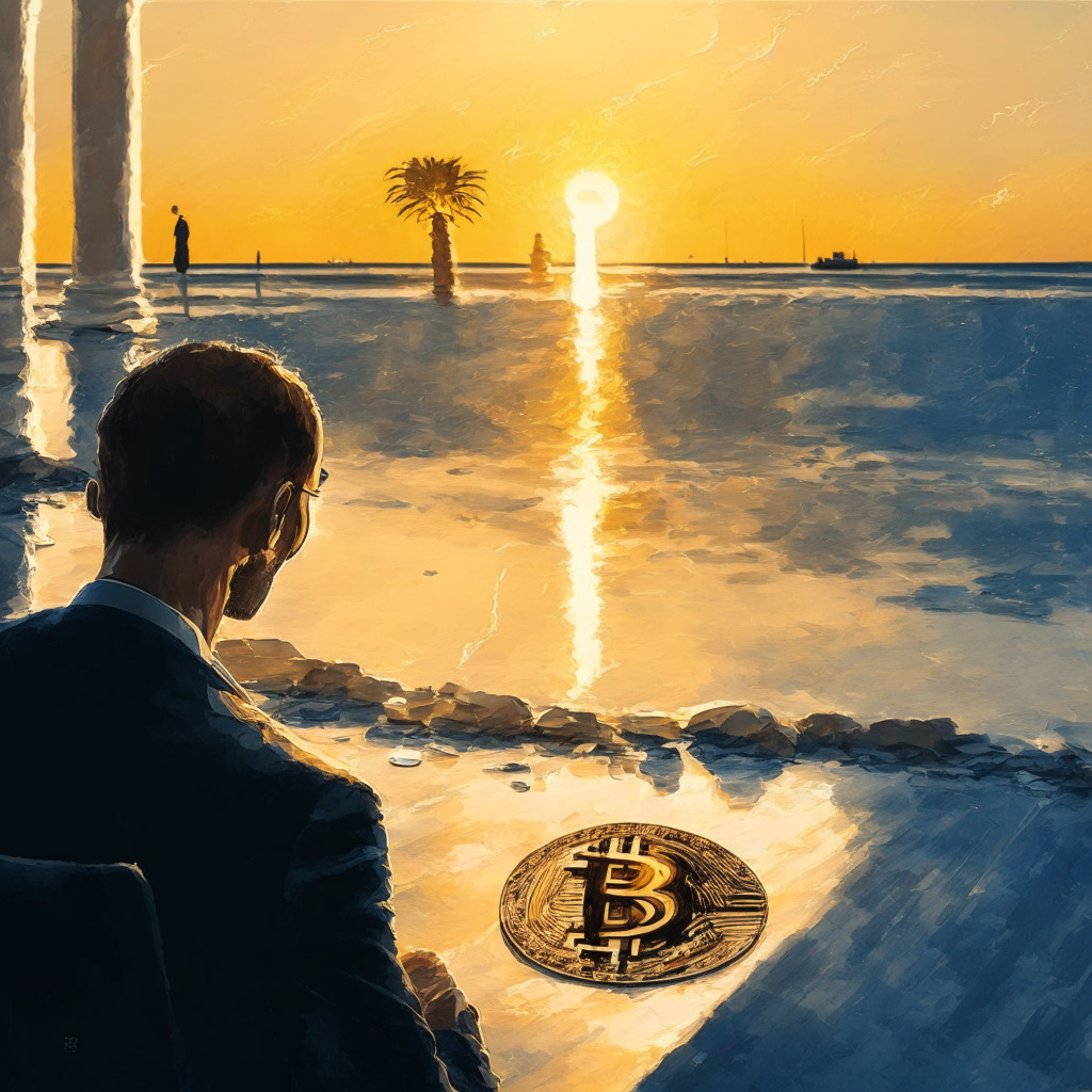 Cryptocurrency exchange leaving Cyprus, warm evening sunlight, contemplative mood, impressionist style, focus on looming regulations, EU integration, shadow of uncertainty, questioning motives and commitment, subtle hues of business strategy, ripple effect in the crypto world.