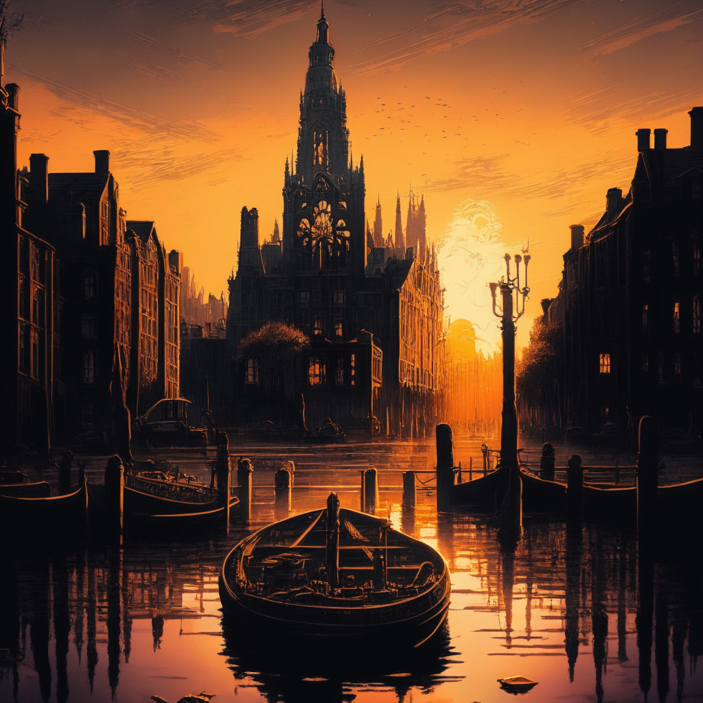 Intricate Dutch cityscape with prominent canals, crypto-themed graffiti, a sunset casting warm hues, adding a Baroque painting style, strong chiaroscuro effect, nostalgic atmosphere, a sense of closure with Binance billboard dimly lighting up, symbolizing the exchange's exit and representing struggle for legitimacy in crypto ecosystem.