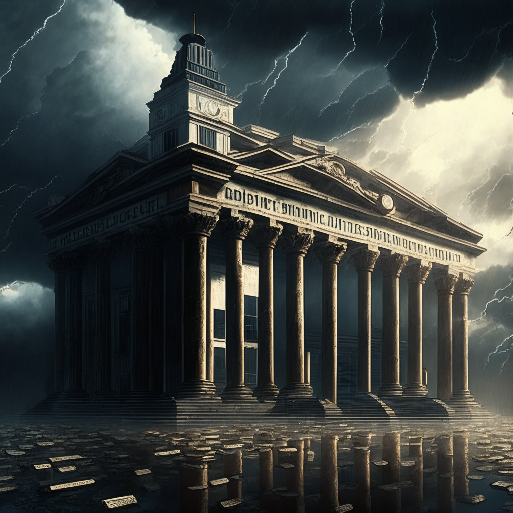 Cryptocurrency exchange's departure from Dutch market, central bank imposing fine, commitment to regulations, heavy clouds gathering over coin symbols, a building with pillars symbolizing integrity, shadows of regulatory authority looming, uncertain mood, chiaroscuro lighting, baroque art style, fragmented reflections symbolizing market landscape.