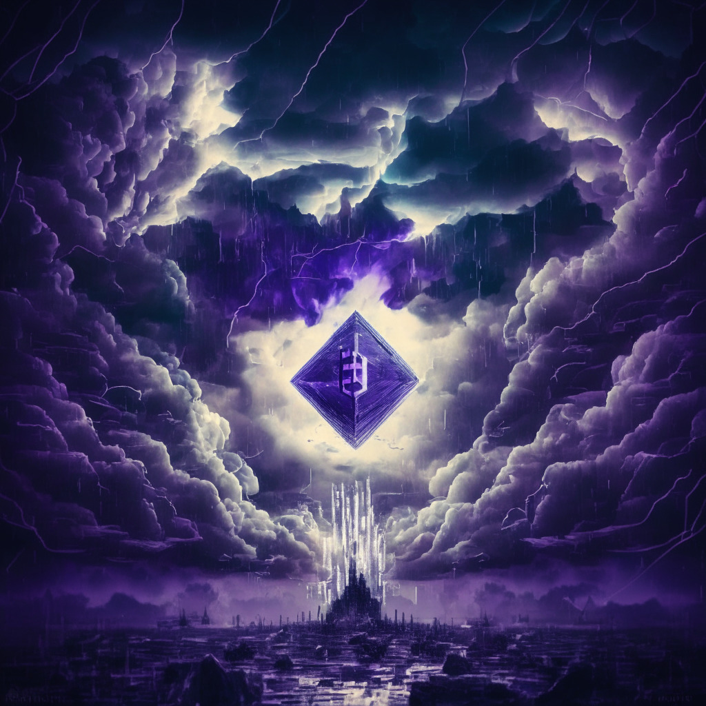 Ethereum outflow surge at crypto exchange, intricate balance of regulations and innovation, a dark cloudy sky, prominent legal scales in foreground, anxious investors, vibrant hues representing crypto ecosystem, chiaroscuro lighting effects, air of uncertainty and hope.