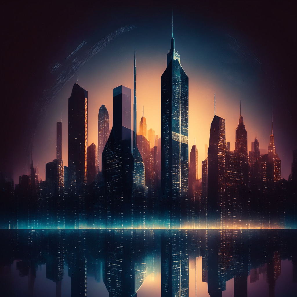 Cryptocurrency exodus in Europe, twilight cityscape with reflecting skyscrapers, a balance scale symbolizing innovation and regulation, somber colors reflecting the challenge, subtle texture reminiscent of traditional finance.