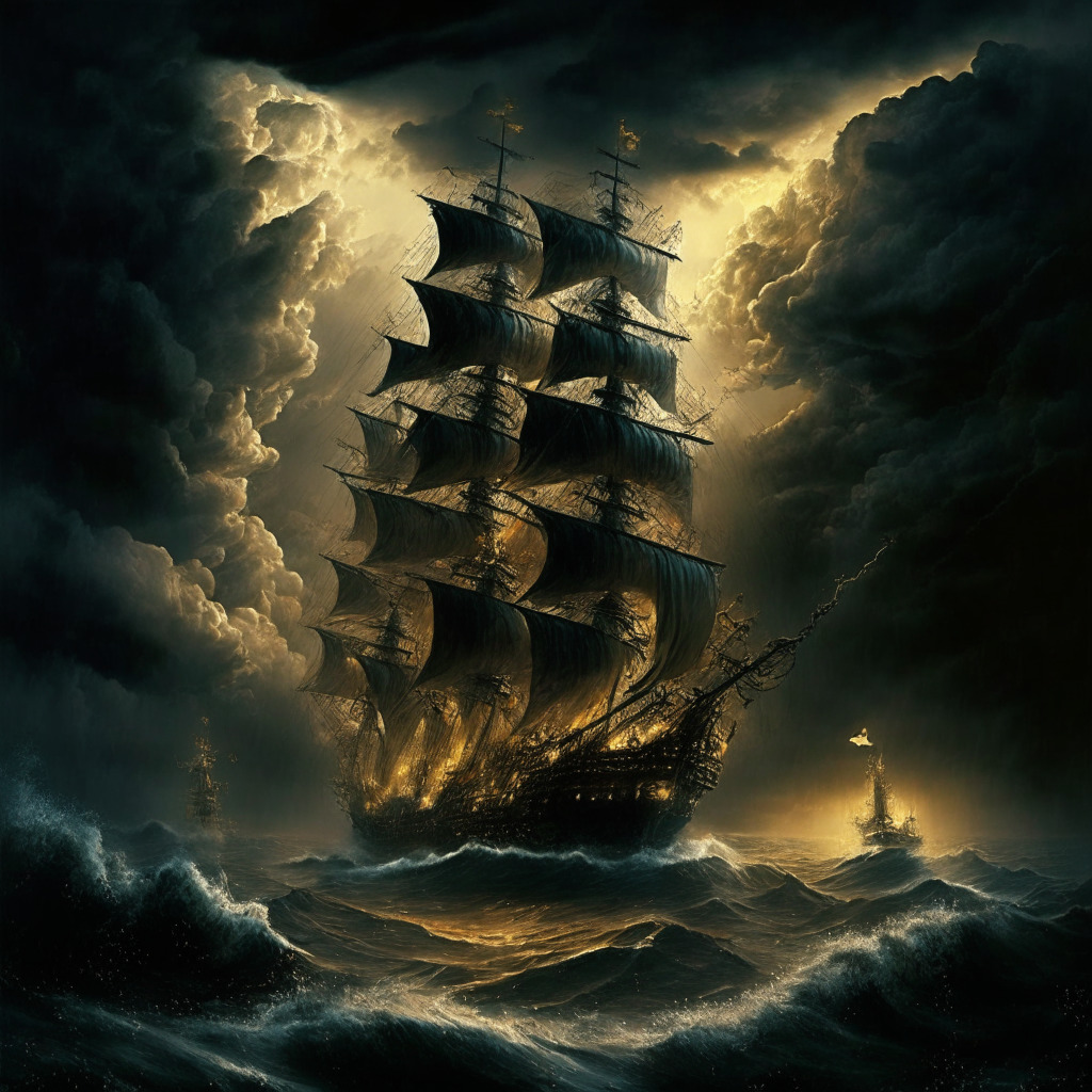 Dark stormy skies over a ship navigating turbulent waters, struggling executives in lifeboats, a golden crypto coin shining through the clouds, a line of illuminated European city skylines in the background, Baroque art style, chiaroscuro lighting, somber mood yet a hint of hope, adaptability at its core.