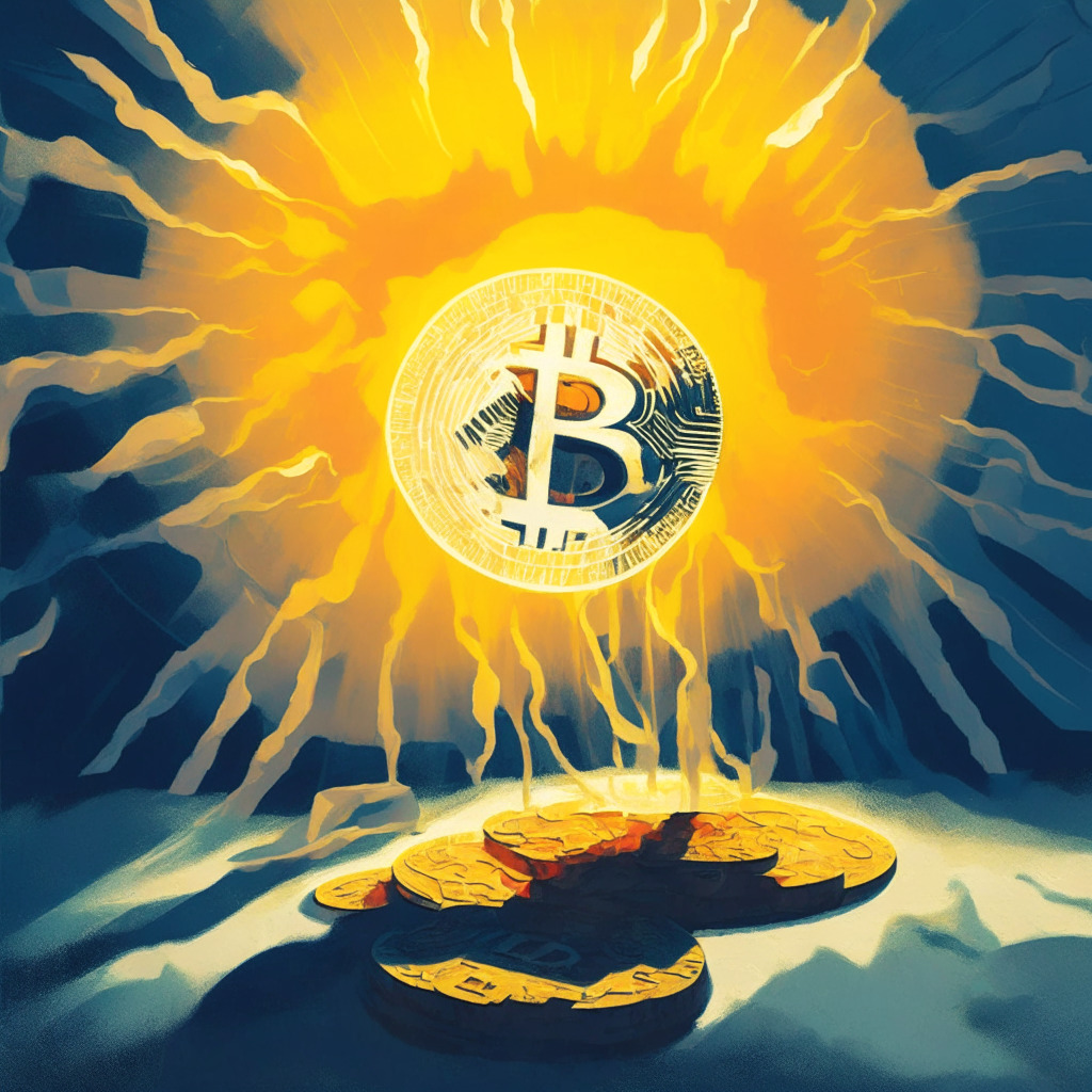 Cryptocurrency exchange turmoil, Cathie Wood's optimism, legal considerations, dramatic spotlight on Coinbase and Binance, shifting power scales, uneasy regulatory landscape, benefits amidst challenges, fading competition, uncertain future, sunburst as a symbol of hope, contrasting shadows and light, emphasis on growth potential, painterly style, rich colors.