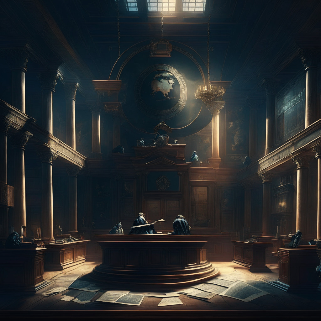 Intricate courthouse scene, judicial scale balancing crypto coins and legal documents, moody chiaroscuro lighting, Renaissance-style painting, somber atmosphere, authorities examining evidence, diverse world map with regulatory guidelines, subtle tension between innovation and compliance.